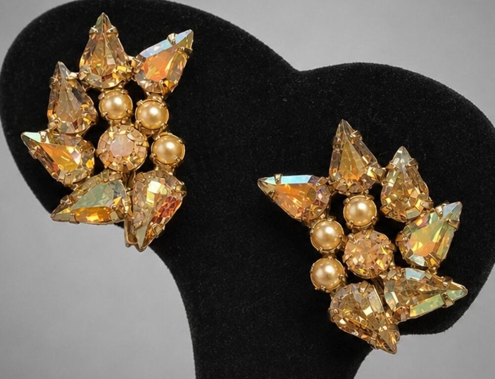 Vintage b David Ab Rhinestone Faux Pearl Clip-on Earrings 1 In Mid-Century wc-49